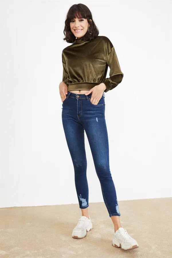 Kadın Mavi Eskitme Efektli Skinny Jeans Kadın Mavi Eskitme Efektli Skinny Jeans