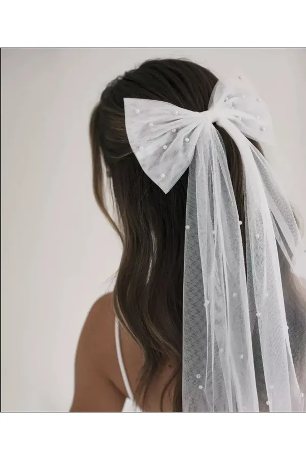 İncili Tül Fiyonk Gelin Saç Aksesuarı Dış Çekim Nikah Tokası İncili Tül Fiyonk Gelin Saç Aksesuarı Dış Çekim Nikah Tokası