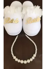 Kadın Gold Bride Açelya Incili Taç Terlik Seti