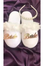 Kadın Gold Bride Açelya Incili Taç Terlik Seti