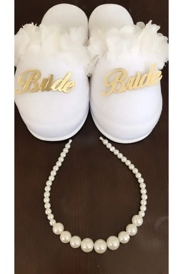 Kadın Gold Bride Açelya Incili Taç Terlik Seti