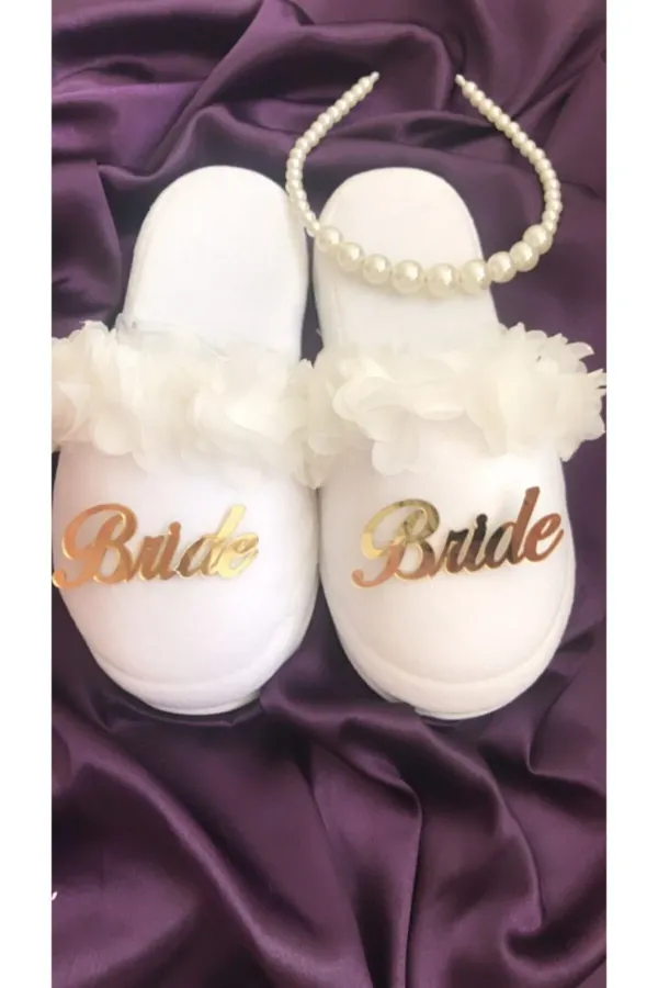 Kadın Gold Bride Açelya Incili Taç Terlik Seti